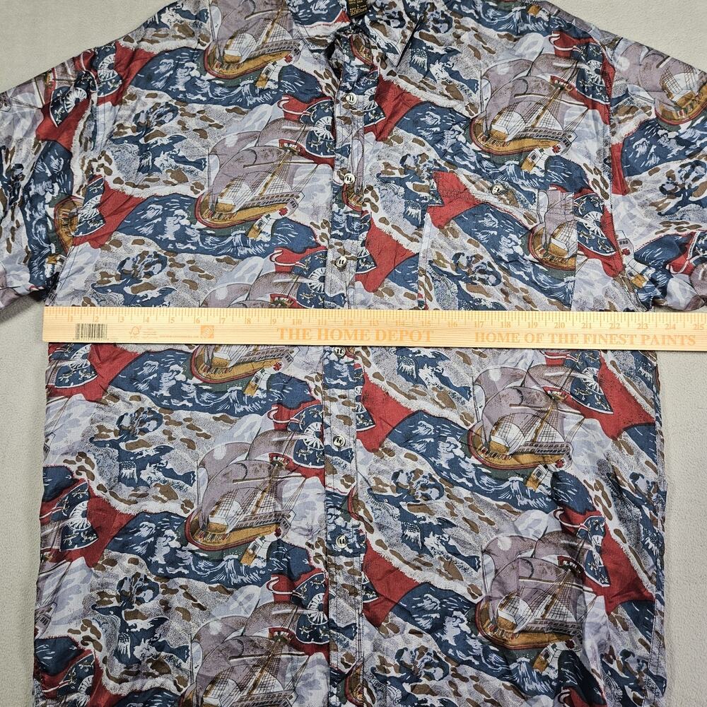 Vintage Pure Silk Shirt Mens Large Nautical Boating Ship Captian Blue Cruise AOP - Picture 8 of 11